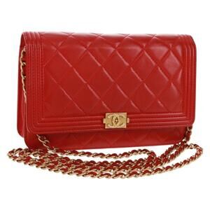 CHANEL Matelasse Chain Shoulder Wallet Bag Lamb Skin Red Gold CC Auth ka1039V